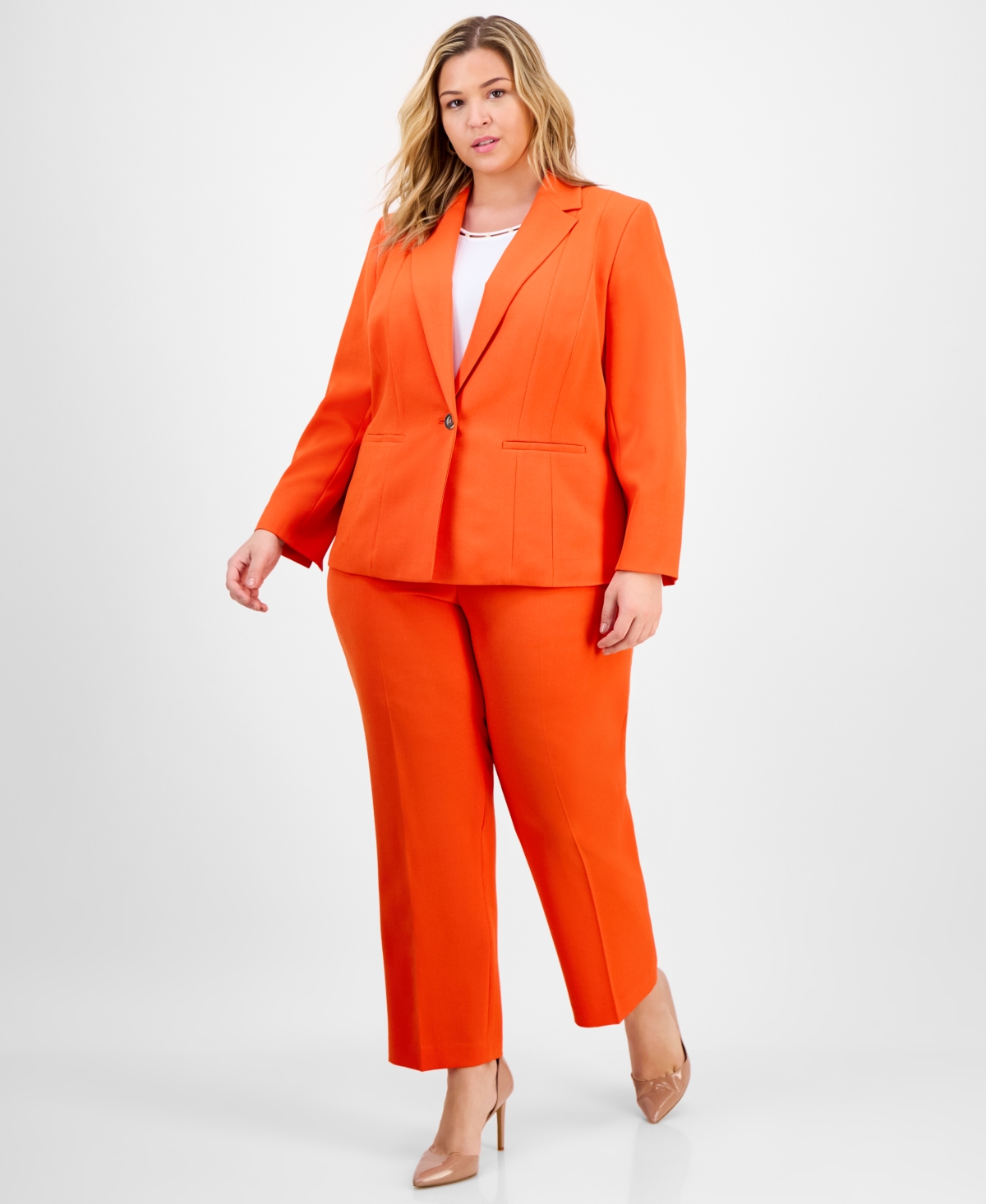 Kasper Plus Size Notched Collar Paneled One-button Blazer In Orange