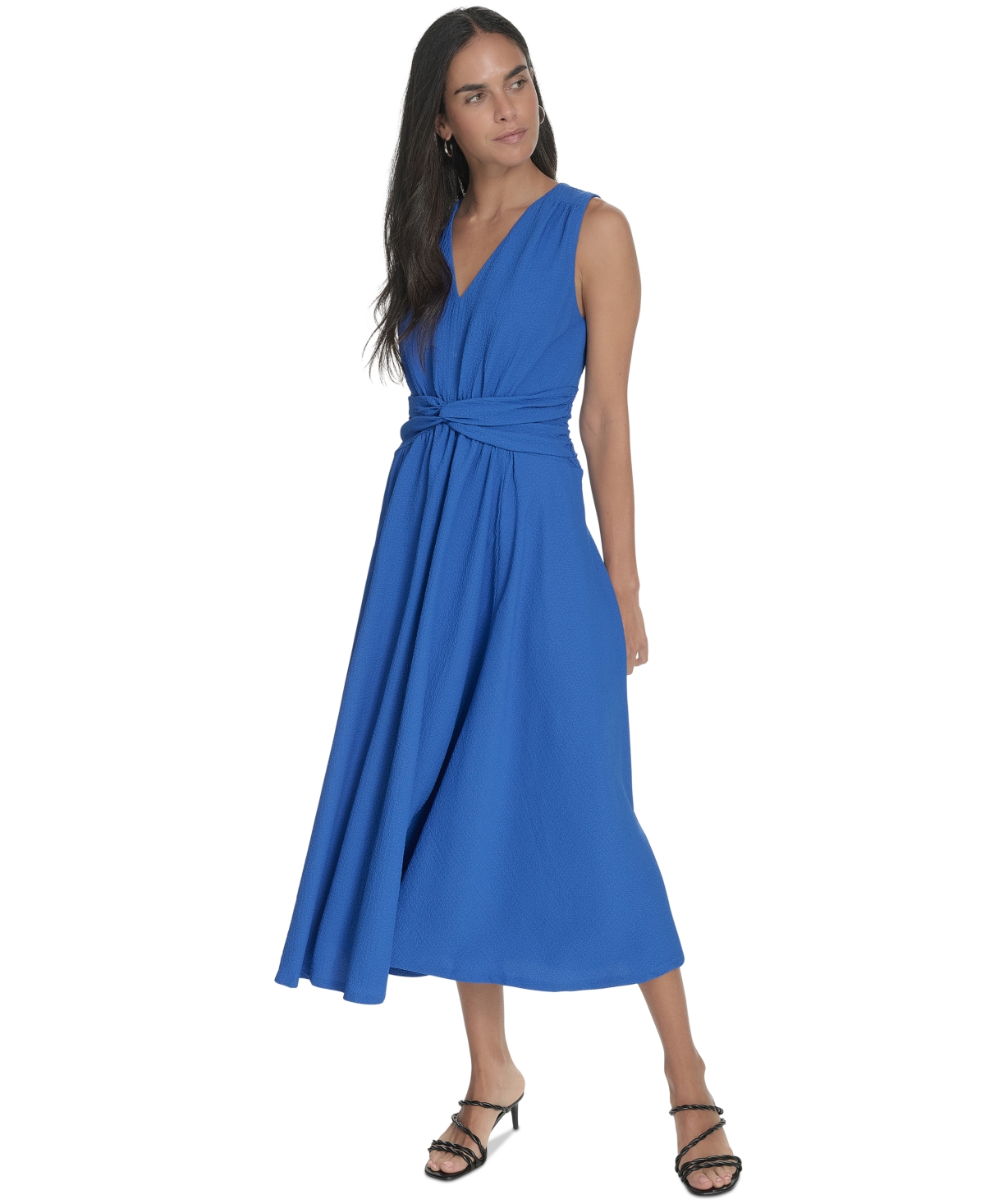 Calvin Klein Sleeveless Knotted Waist Gauze Midi Dress In Capri