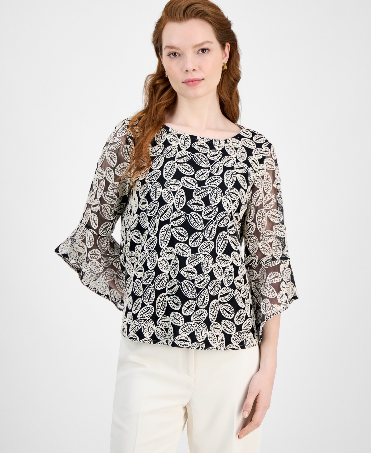 Kasper Women's Embroidered Ruffle-sleeve Blouse, Regular & Petite Sizes
