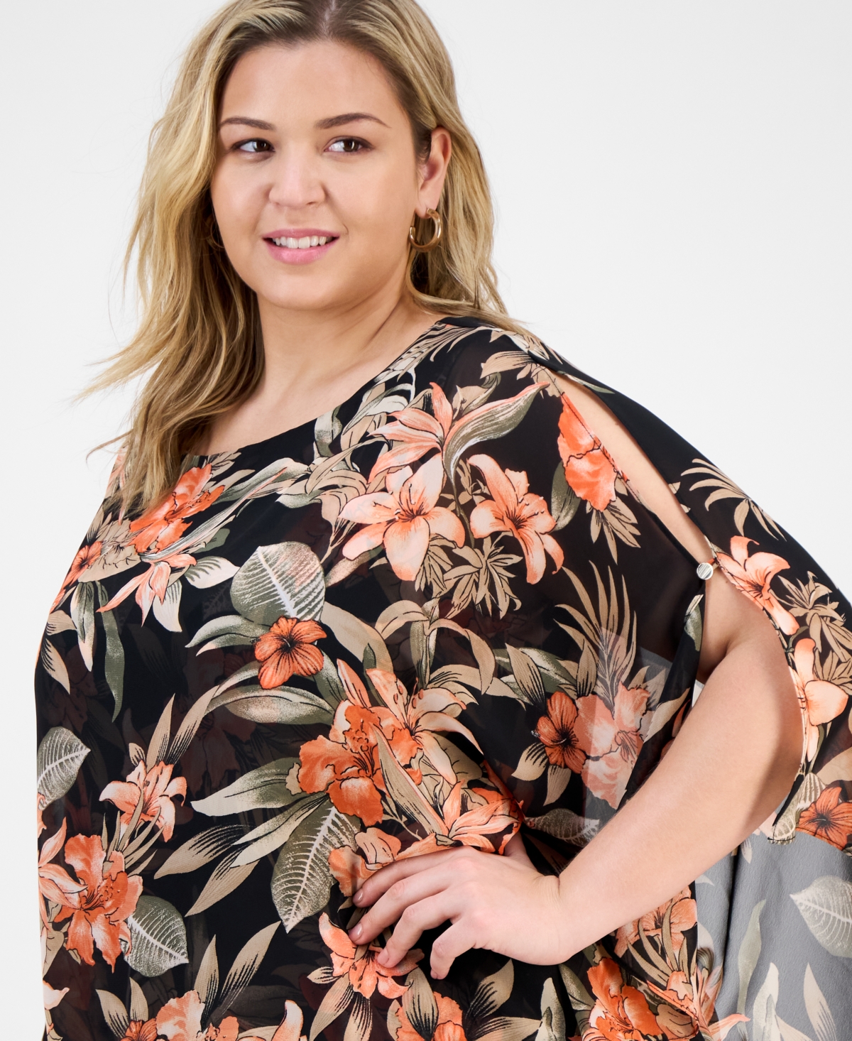 Kasper Plus Size Floral 3/4-sleeve Poncho Top In Multi