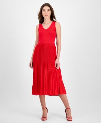 T Tahari - Women's Ribbed Pleated Sleeveless Fit & Flare Dress
