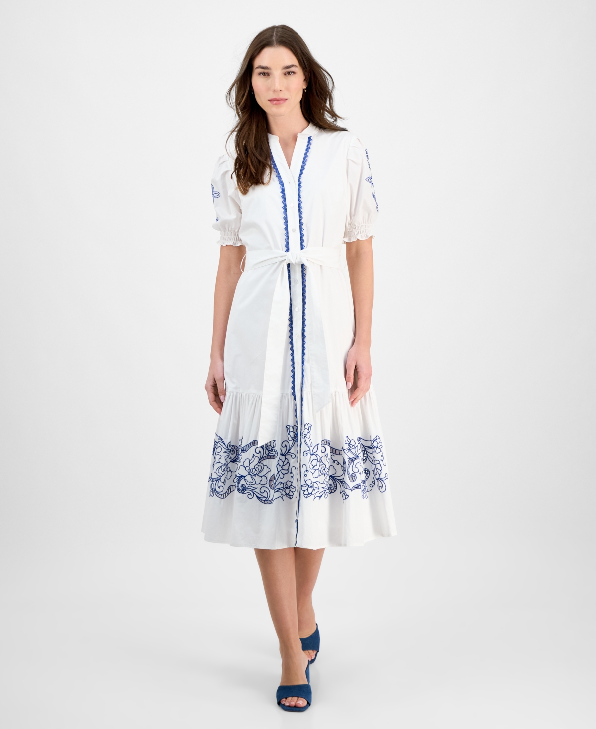 Women's Cotton Embroidered Fit & Flare Dress - White Star W Polaris Blue