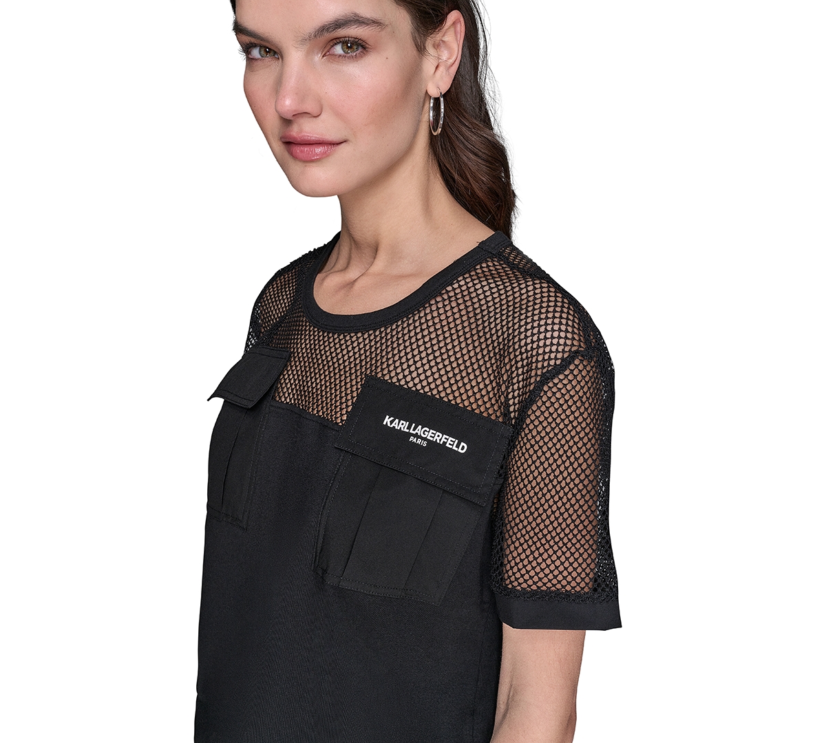 Shop Karl Lagerfeld Women's Mesh-trim Cargo Top In Black