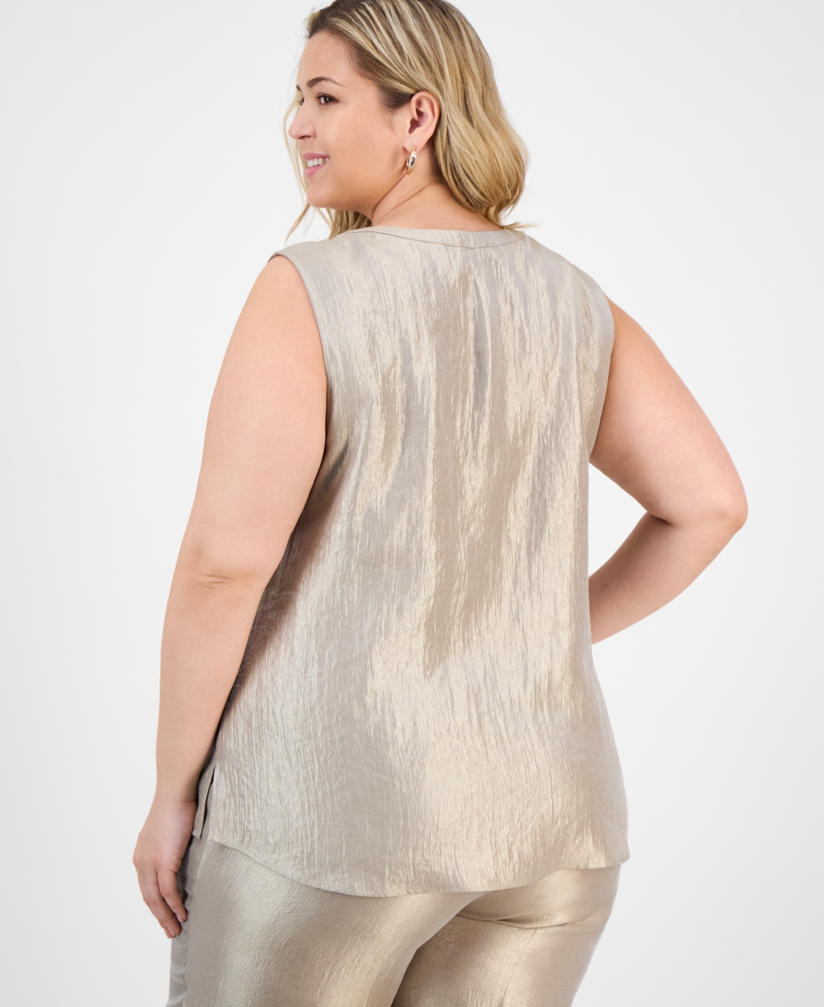 Kasper Plus Size Metallic Crinkled Sleeveless Top In Gray