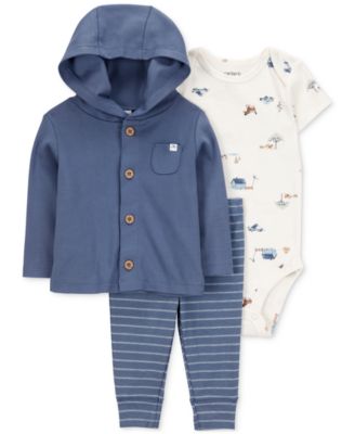 Carter's - Baby Boys Cotton Little Character Set&reg; Hooded Cardigan, Barn-Print Bodysuit & Striped Pants, 3 Piece Set