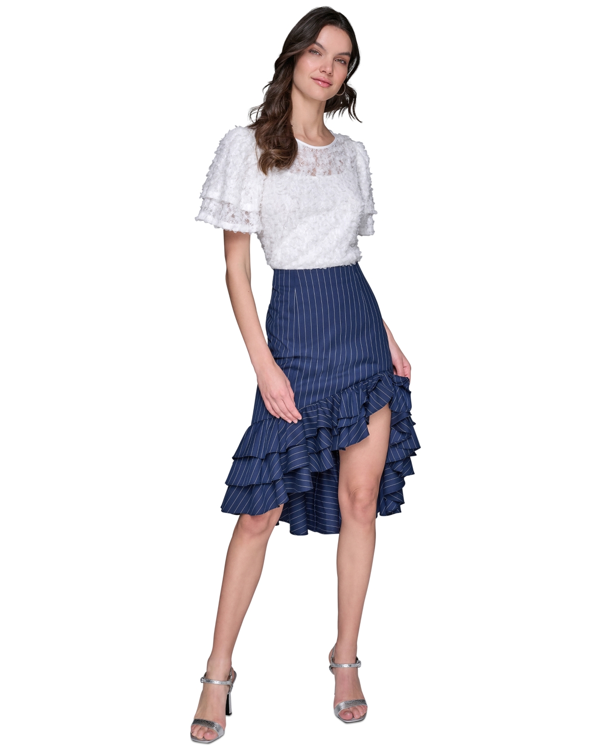 Shop Karl Lagerfeld Women's Pinstriped Asymmetrical Ruffled Skirt In Indigo  Soft White