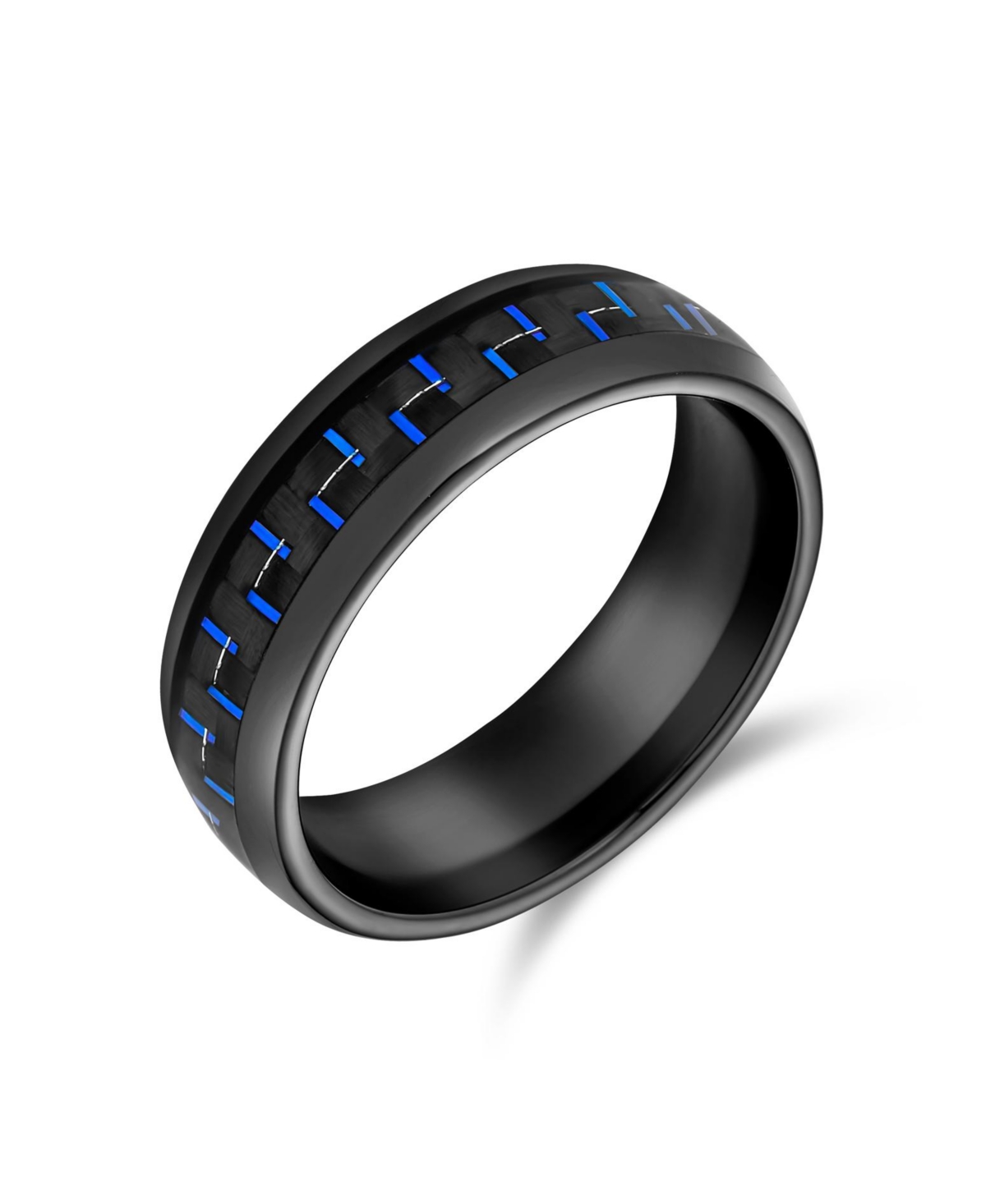 Opalescent Inlay Titanium Promise Band Ring Black Silver Tone 8MM - Dark blue