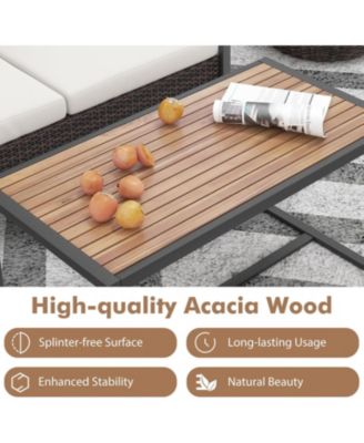 Set of 2 PE Wicker Furniture Set Loveseat w/ Acacia Wood Coffee Table Patio