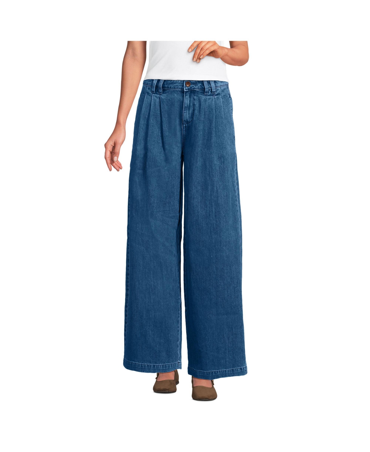 Women's Lightweight Denim Mid Rise Pleated Slouchy Jeans - Canal blue wash