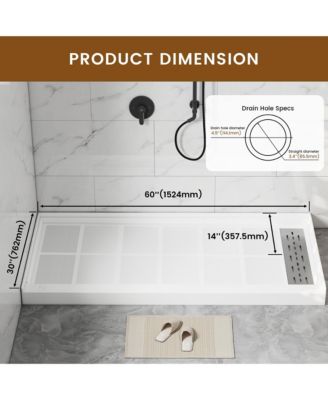 60"W X 30"D SMC Single Threshold Shower Base Anti-Slip Shower Pan, Drain Assembly & Drain Cover Included