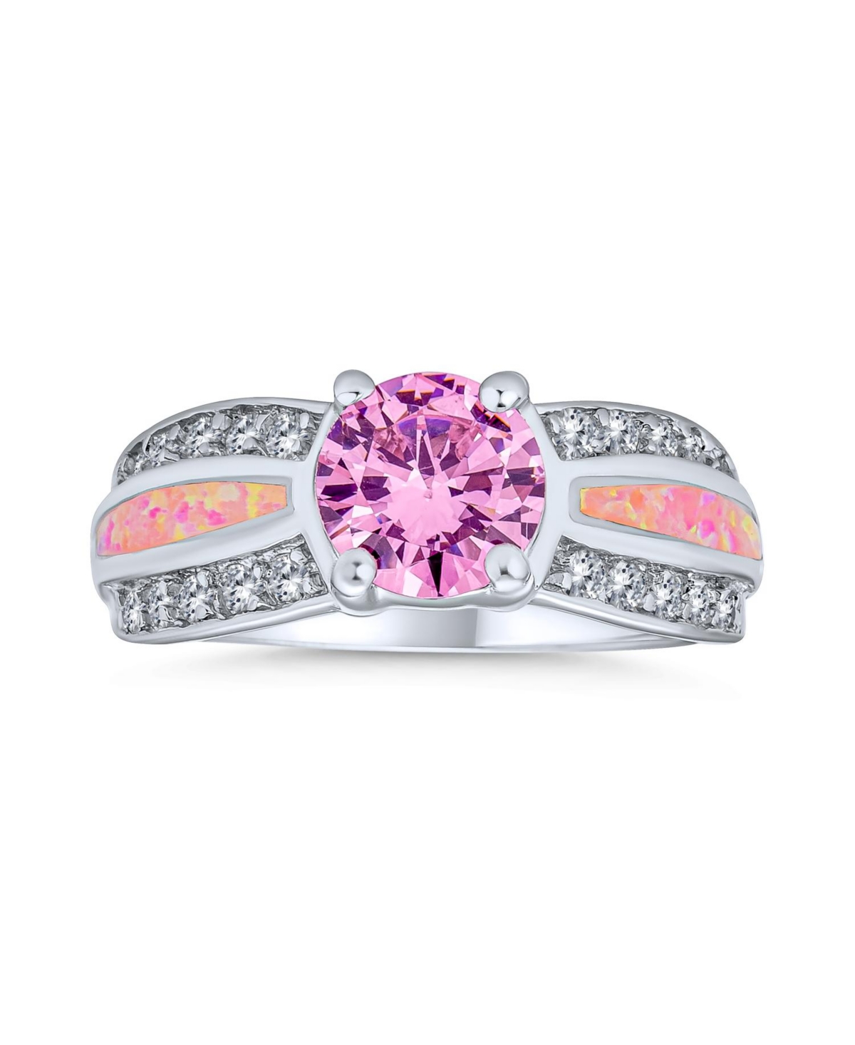 Bling Jewelry Unique Pink Cz Round Solitaire Promise Ring .925 Sterling Silver Created Opal Inlay Wide Band