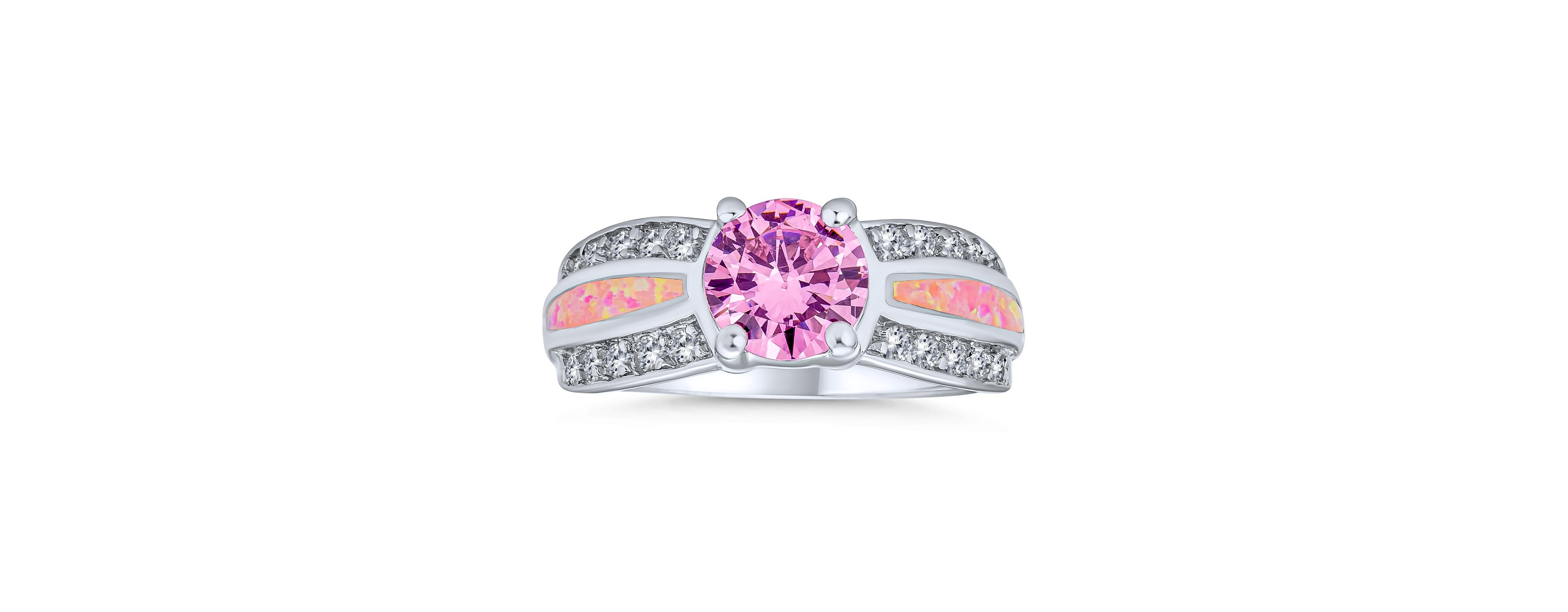 Bling Jewelry Unique Pink Cz Round Solitaire Promise Ring .925 Sterling Silver Created Opal Inlay Wide Band