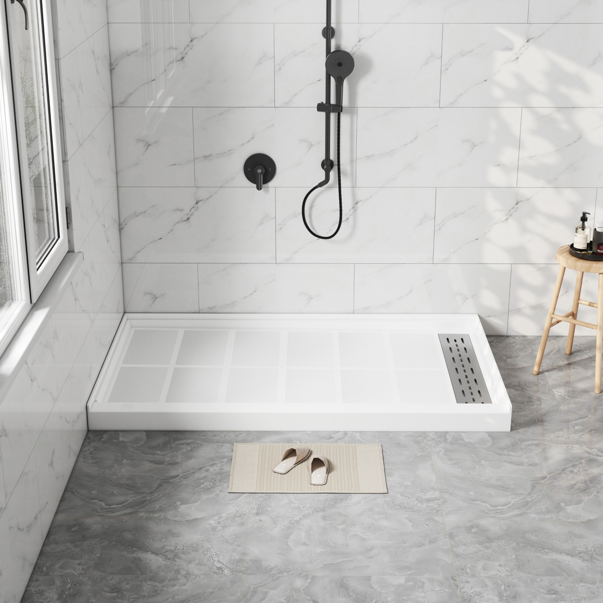 60"W X 36"D Solid Surface Single Threshold Shower Base Anti-Slip Shower Pan, Drain Assembly & Drain Cover Included - White