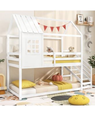 Twin House Bed with Stairs and Roof for Kids