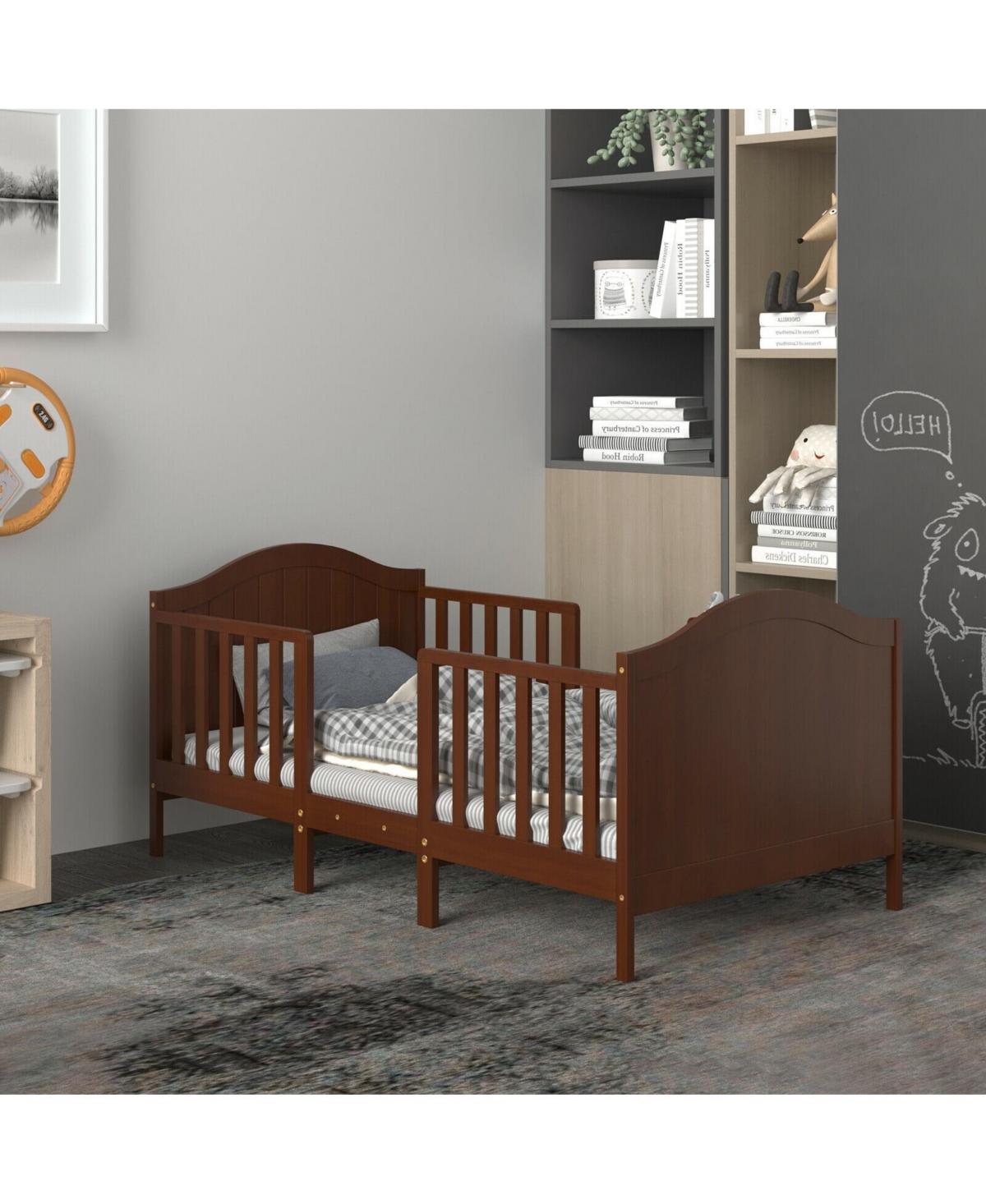 2-in-1 Classic Convertible Wooden Toddler Bed with 2 Side Guardrails for Extra Safety
