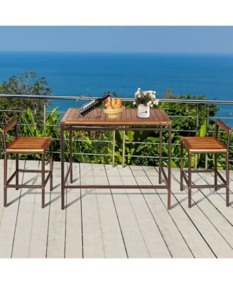 3 PCS Patio Rattan Wicker Bar wood Table Chair Outdoor