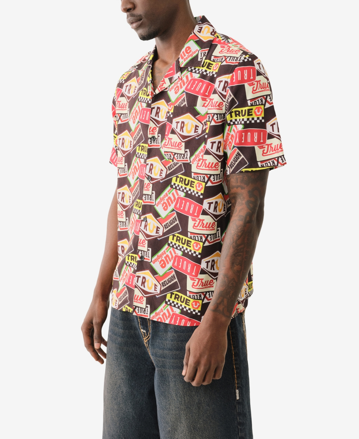 True Religion Men's Short Sleeve Camp Allover Print Shirt In Jet Black
