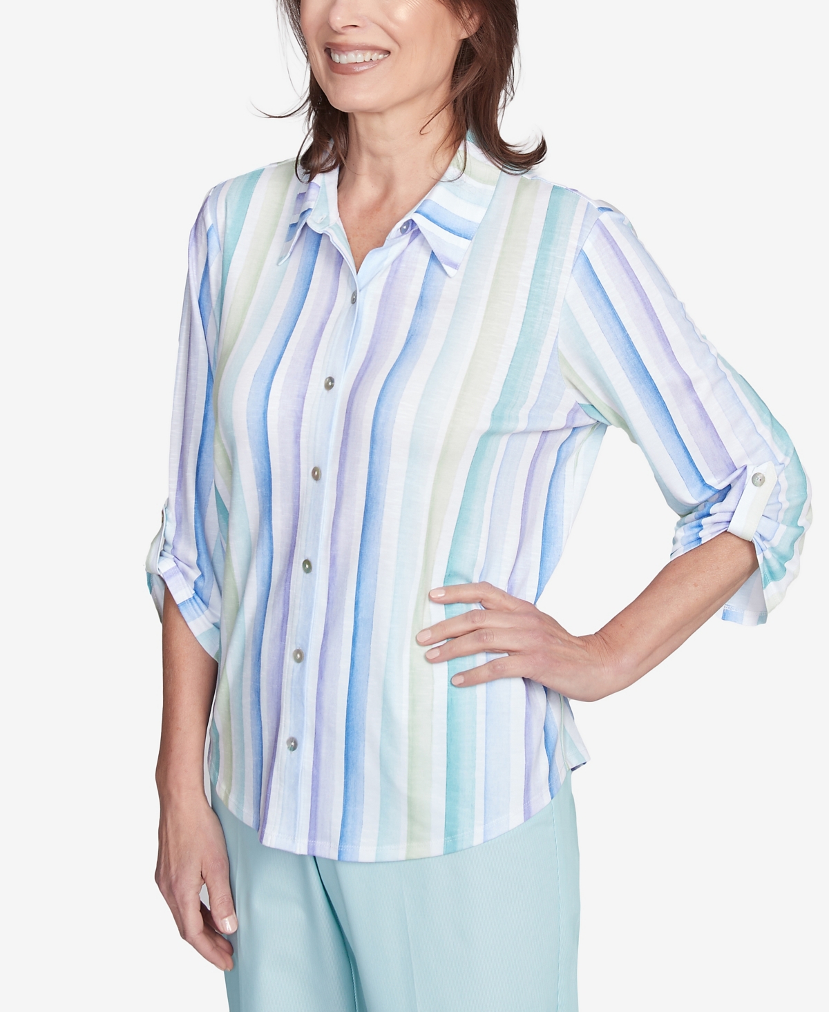 Shop Alfred Dunner Women's St. Thomas Island Mint Stripe Knit Collared Neck Top In Mint Multi