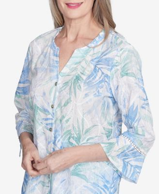 Women's St. Thomas Tropical Embroidered Button Front Collared Neck Top