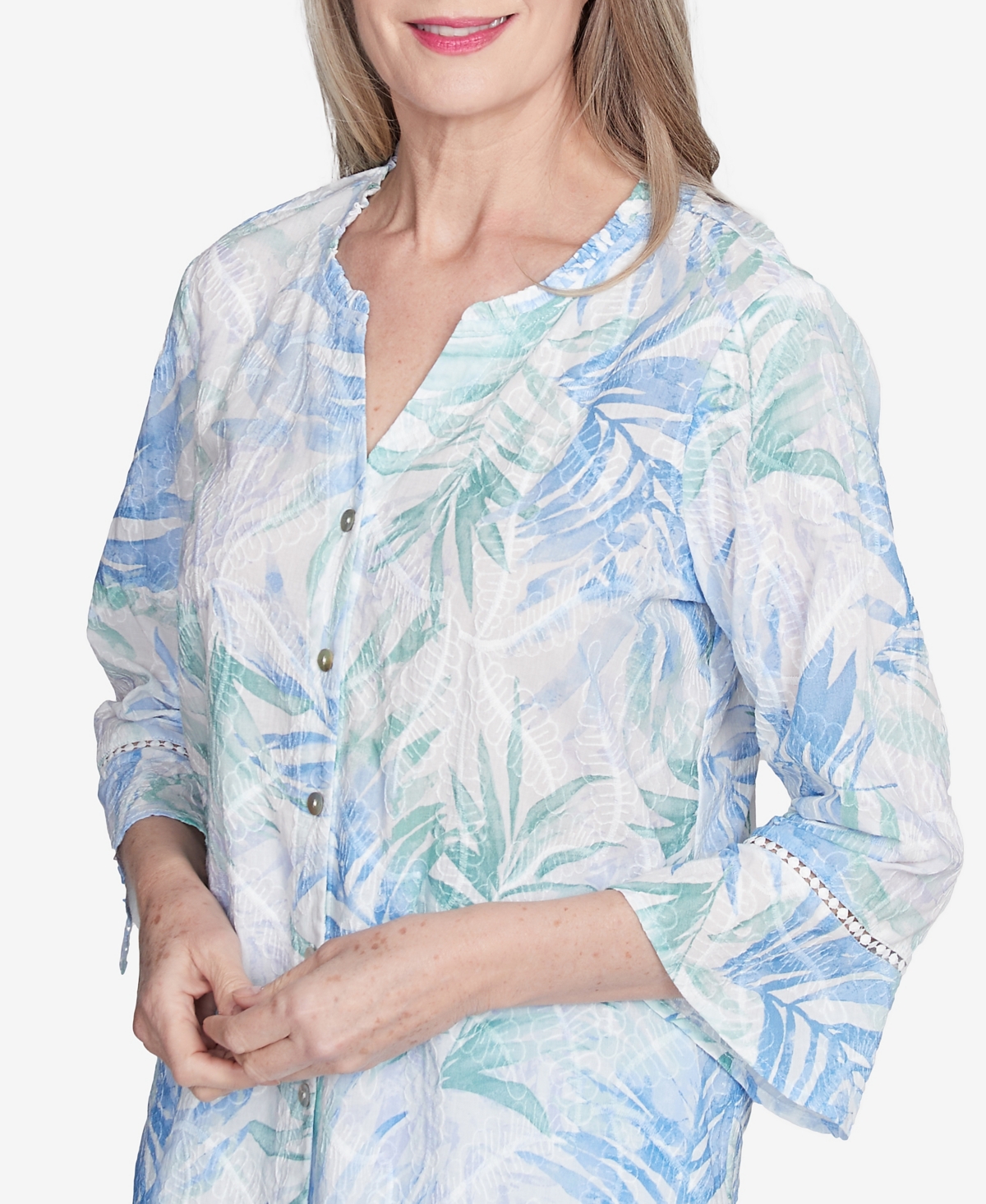 Alfred Dunner Petite St. Thomas Tropical Embroidered Button Front Top In Sky Blue Multi