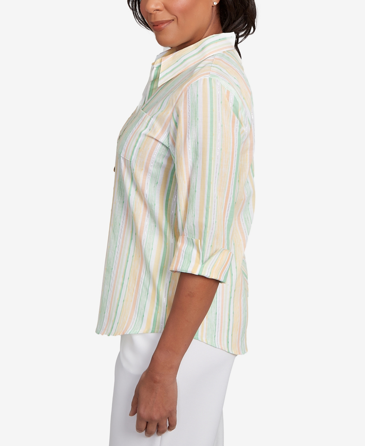 Alfred Dunner Petite Rise Shine Sunny Stripes Button Down Top In Lime Multi