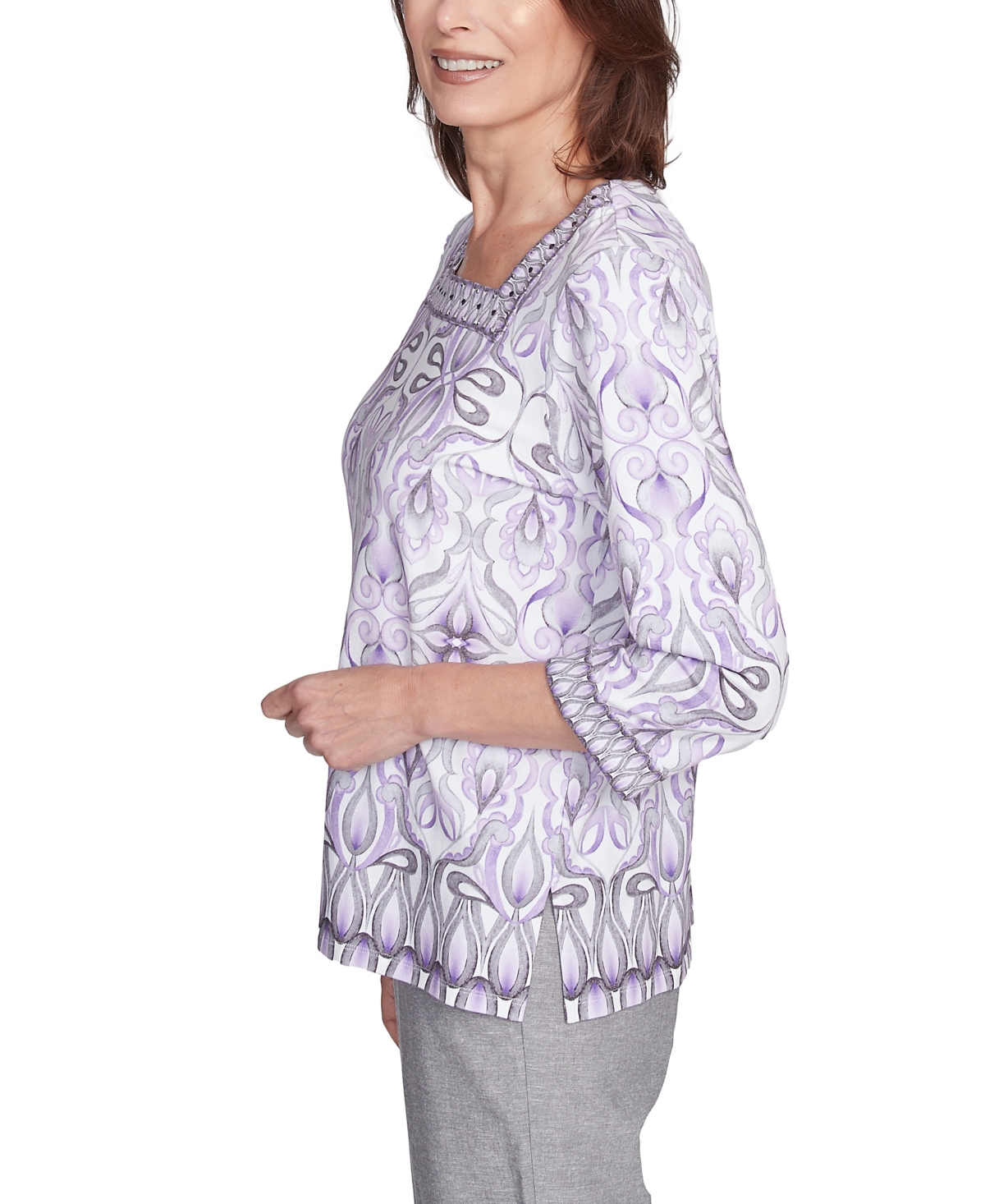 Alfred Dunner Petite Crystal Springs Border Medallion Kaleidoscope Top In Lilac Multi