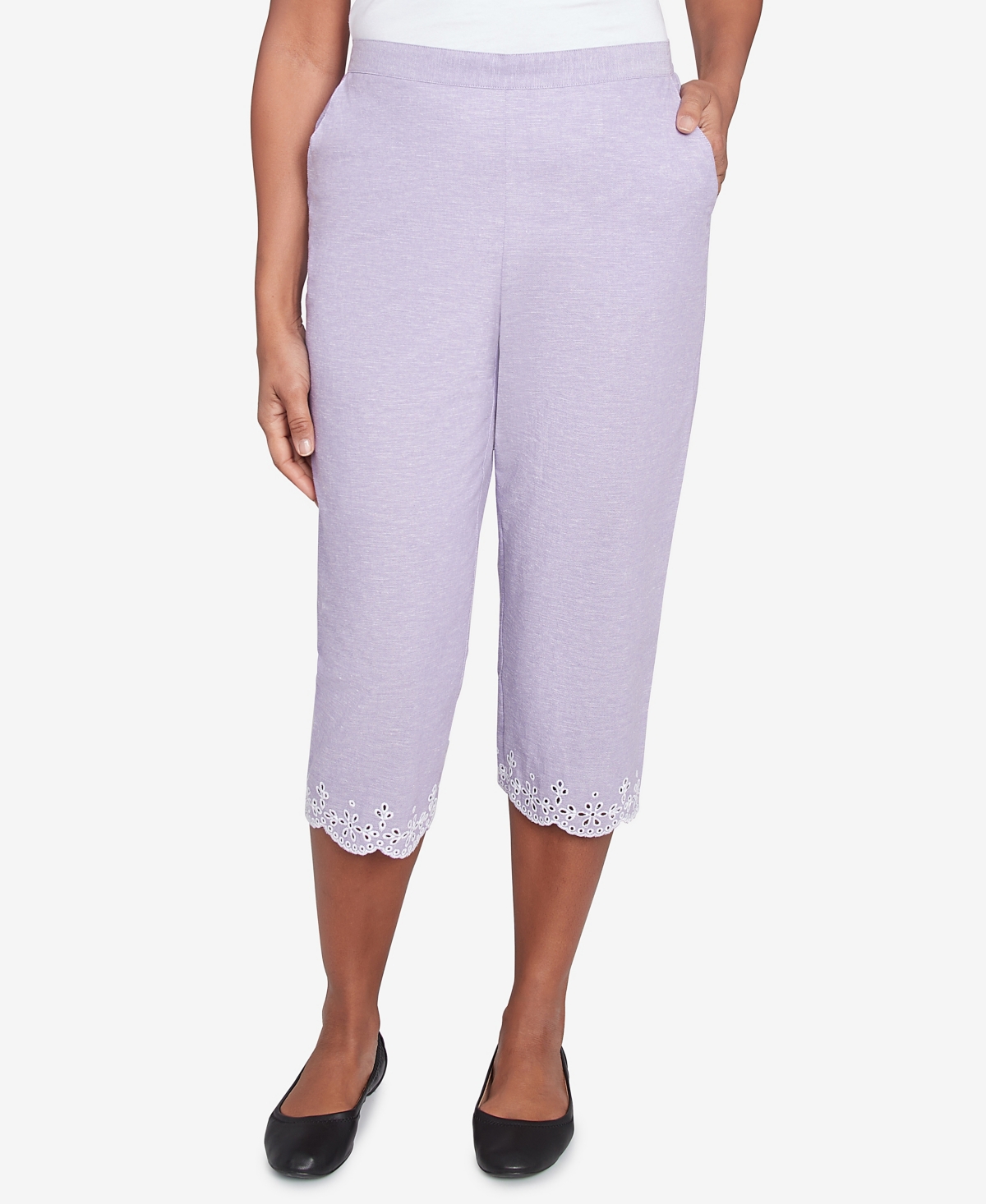 Alfred Dunner Petite Crystal Springs Eyelet Embroidered Capri Pants In Purple