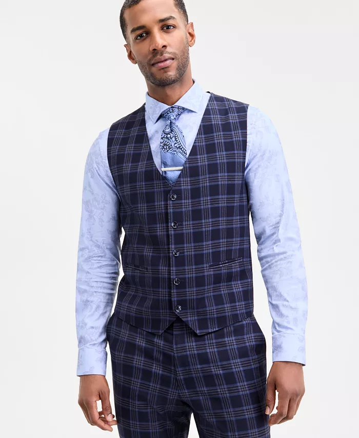 Men's Classic-Fit Blue Plaid Suit Separate Vest