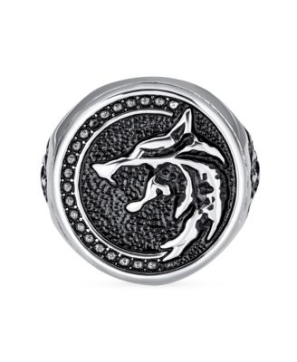Signet Fierce Roaring Big Wolf Head Coin Ring Oxidized Stainless Steel