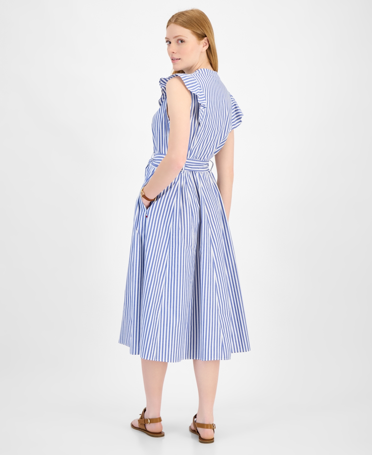 Tommy Hilfiger Women's Cotton Striped Ruffled Midi Dress In Blue
