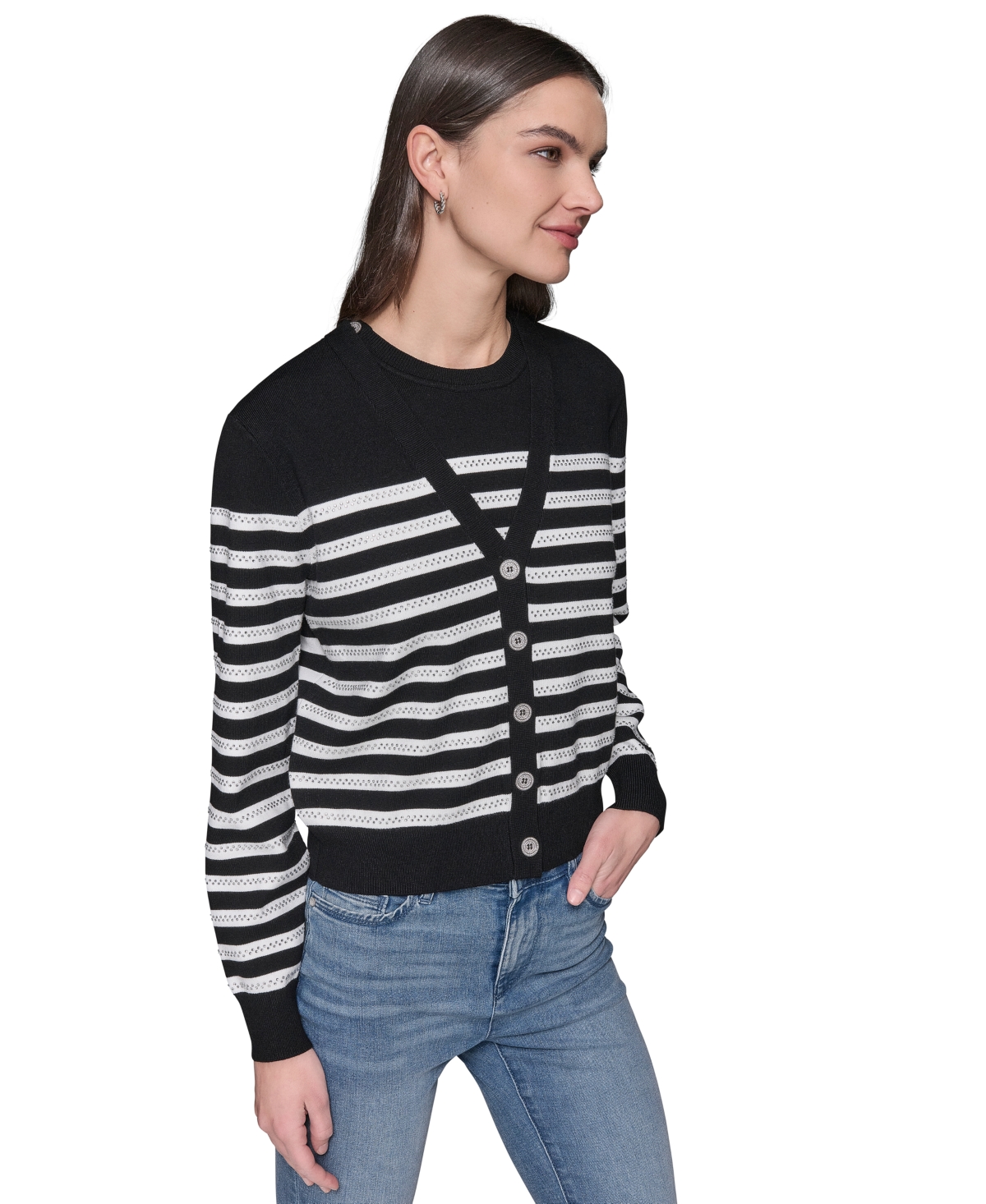 Karl Lagerfeld Women's Striped Crystal-button Cardigan In Black,soft White
