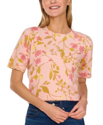 CeCe - Women's Flora-Print Crewneck Short-Sleeve Sweater