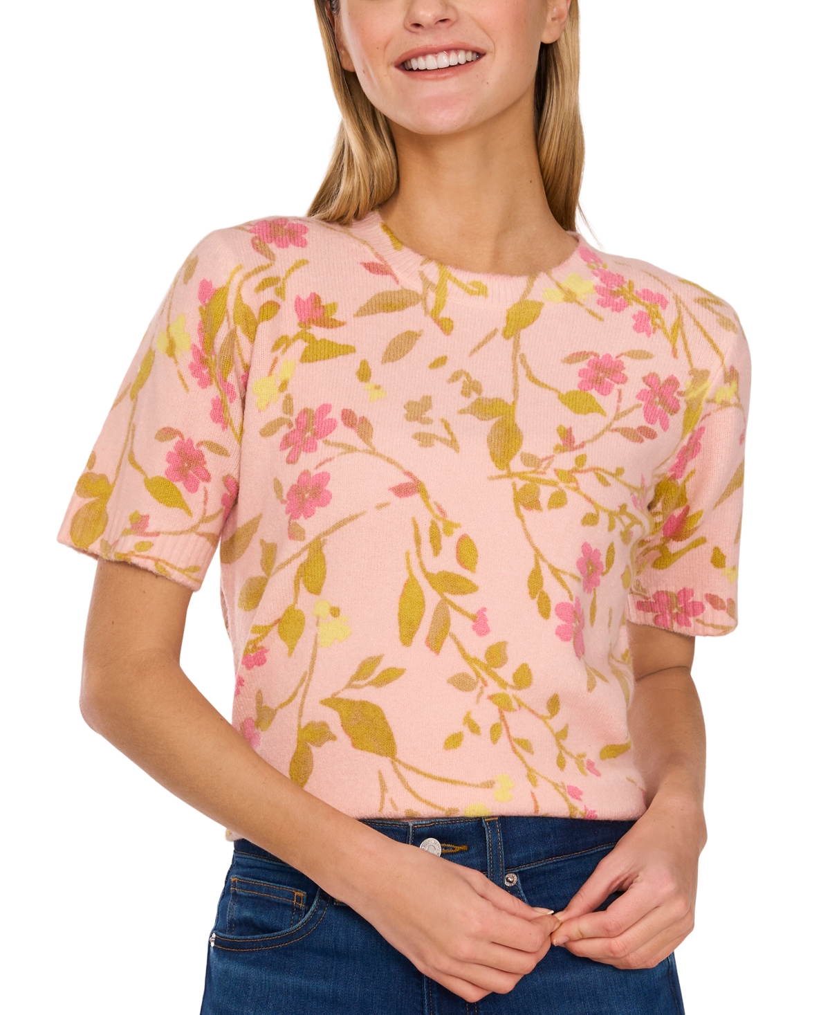 Women's Flora-Print Crewneck Short-Sleeve Sweater - Blush Pink