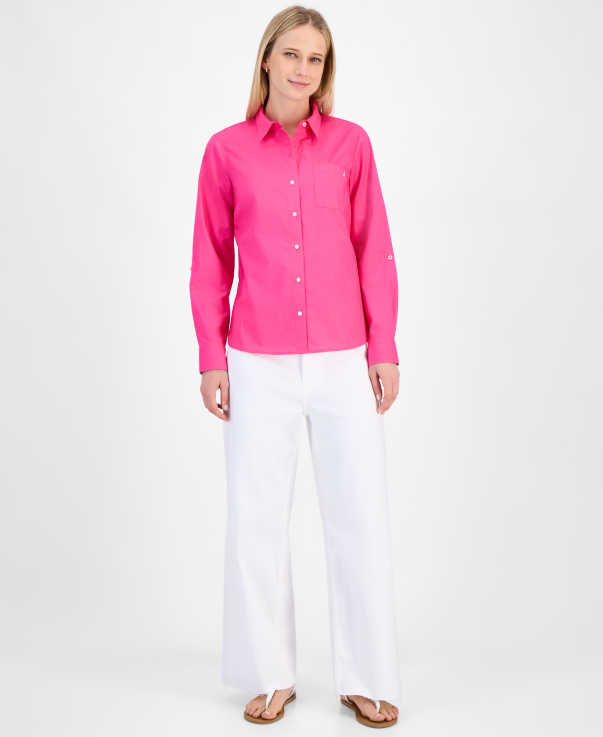 Nautica Jeans Women's Cotton Roll-tab Button Shirt