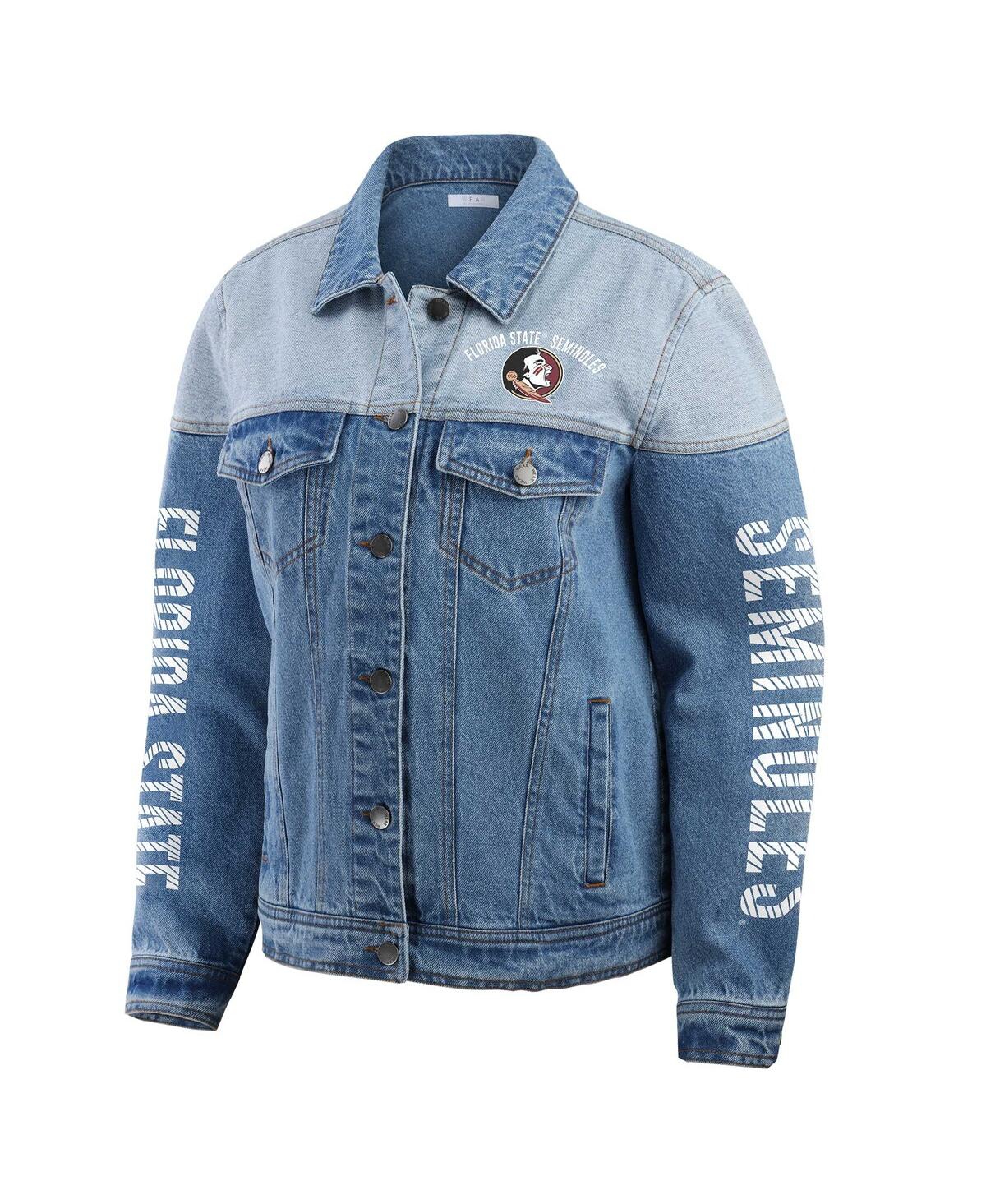 Wear By Erin Andrews Women's Denim Florida State Seminoles Sleeve Hit Color Block Button-down Denim Jacket In Denim