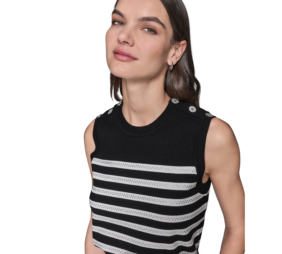 Karl Lagerfeld Women's Striped Crystal-button Sleeveless Sweater In Black  Soft White