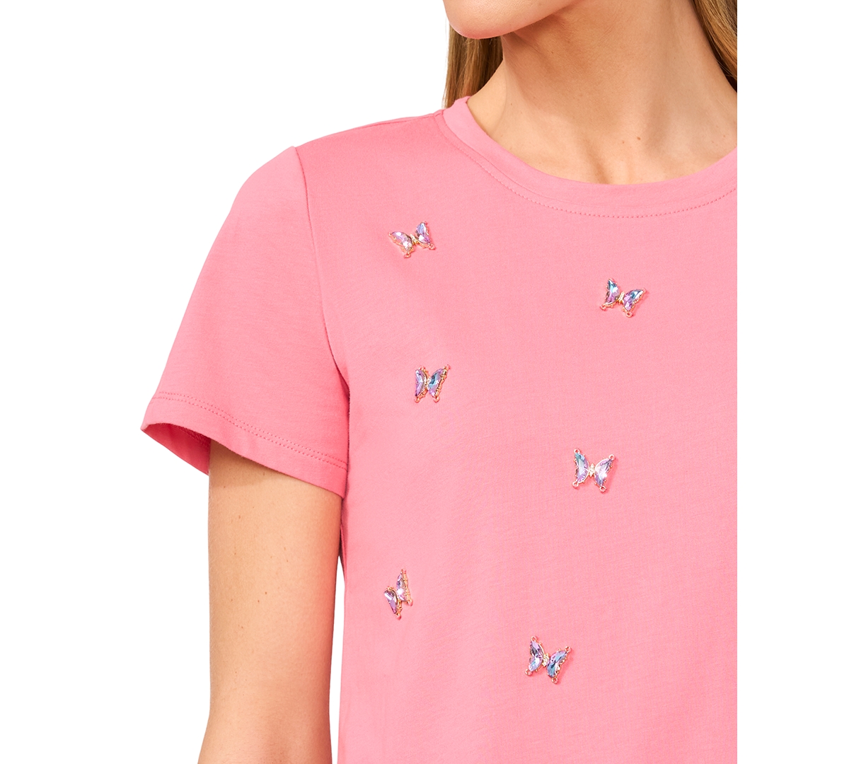 Shop Cece Women's Cotton Butterfly-gem Short-sleeve Tee In Confetti Pink
