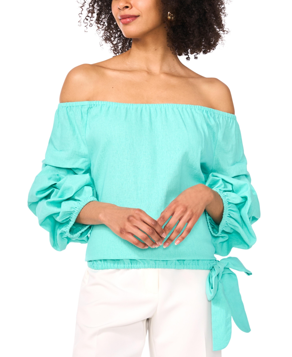 Shop Vince Camuto Women's Linen-blend Off The Shoulder Bubble Sleeve Tie Front Blouse In Ocean Tide