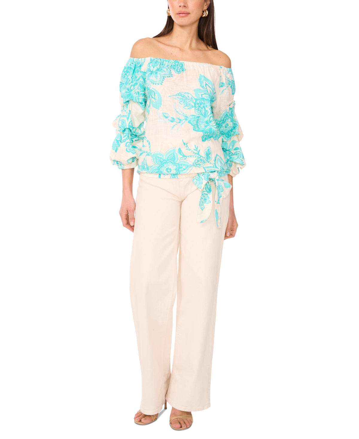 VINCE CAMUTO WOMEN'S FLORAL LINEN-BLEND OFF-THE-SHOULDER BUBBLE 3/4-SLEEVE TIE-FRONT BLOUSE 