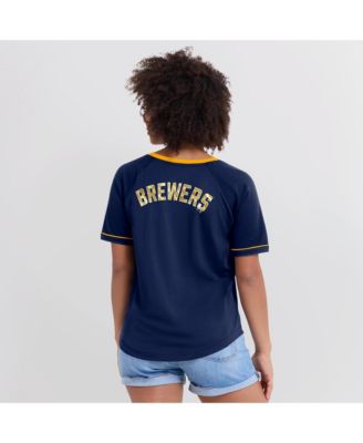 Women's Navy Milwaukee Brewers League Diva Star Raglan V-Neck T-Shirt
