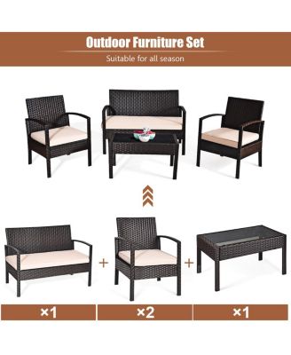 4PCS Patio Rattan Conversation Furniture Set Cushioned Seat