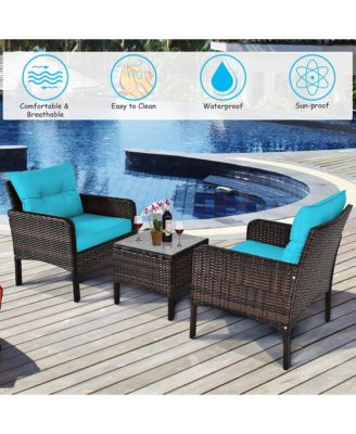3PCS Outdoor Rattan Conversation Set Patio Furniture Cushioned