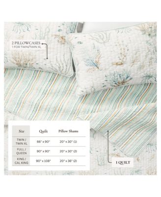 Cotton Stitched Reversible Coastal 3 Piece Quilt and Sham Set