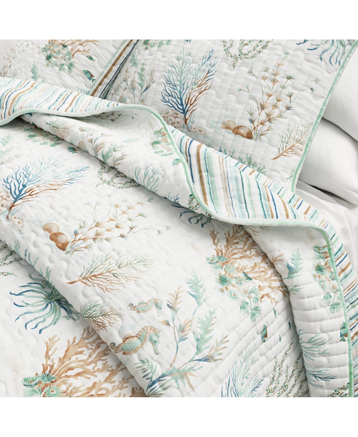 Linery & Co. Cotton Stitched Reversible Coastal 3 Piece Quilt and Sham Set