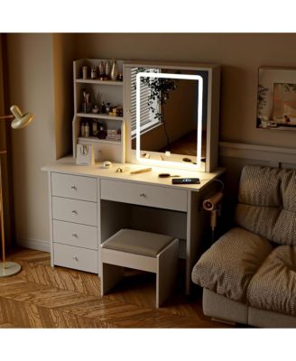 Vanity Desk with Sliding Mirror and LED Lights & Charging Station