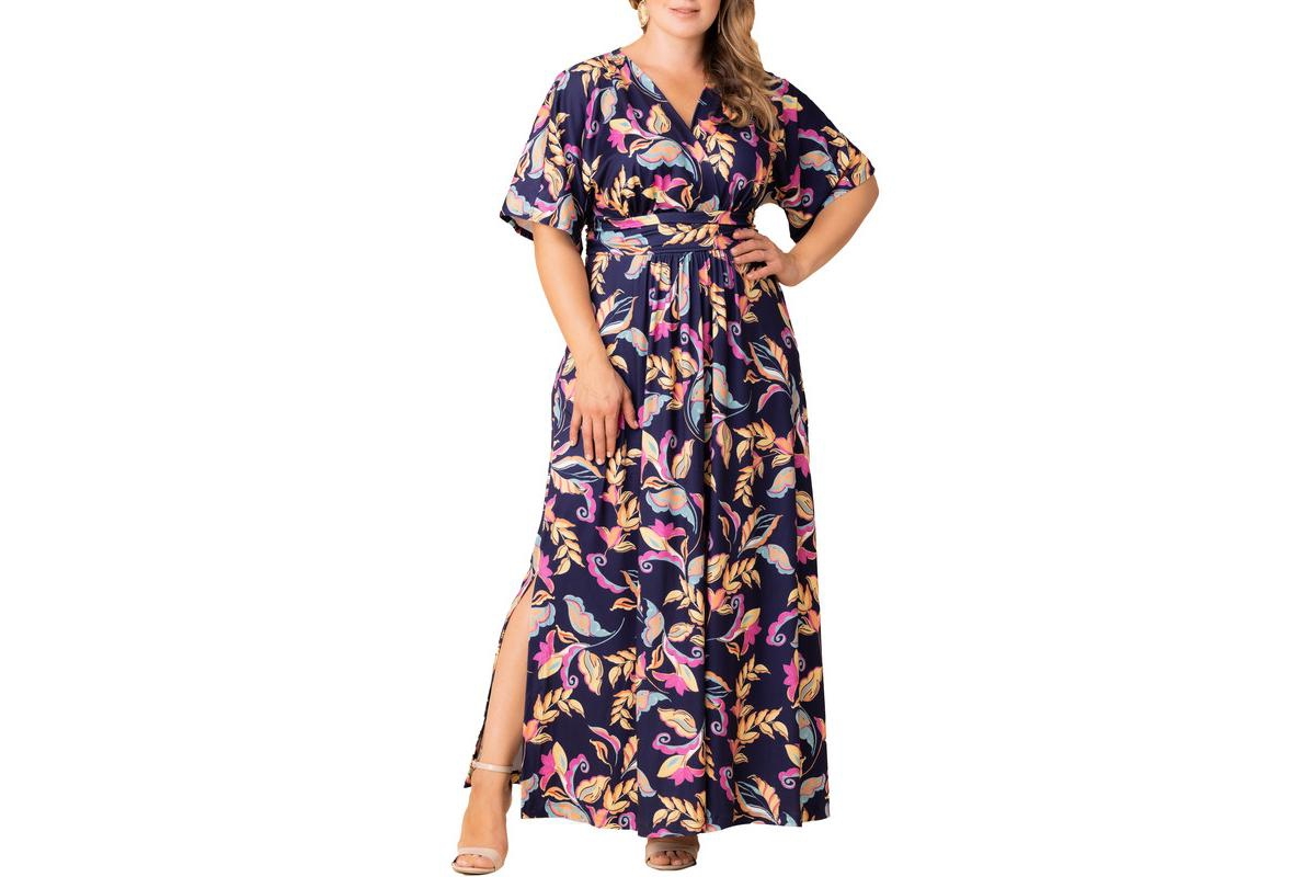 Plus Size Vienna Kimono Sleeve Long Maxi Dress - Talavera motif