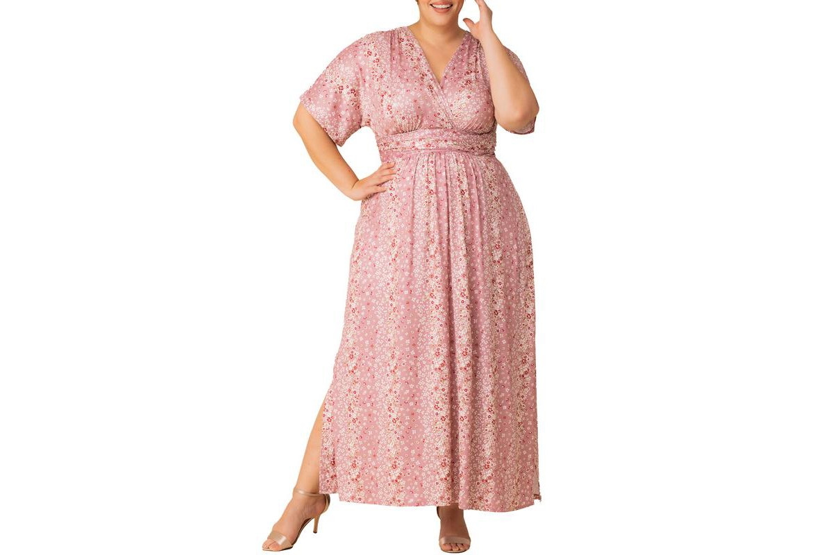 Plus Size Vienna Kimono Sleeve Long Maxi Dress - Pink floral falls