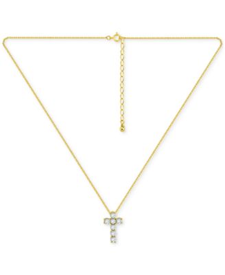 Round Cubic Zirconia Chunky Cross Pendant Necklace, 16" + 2" extender