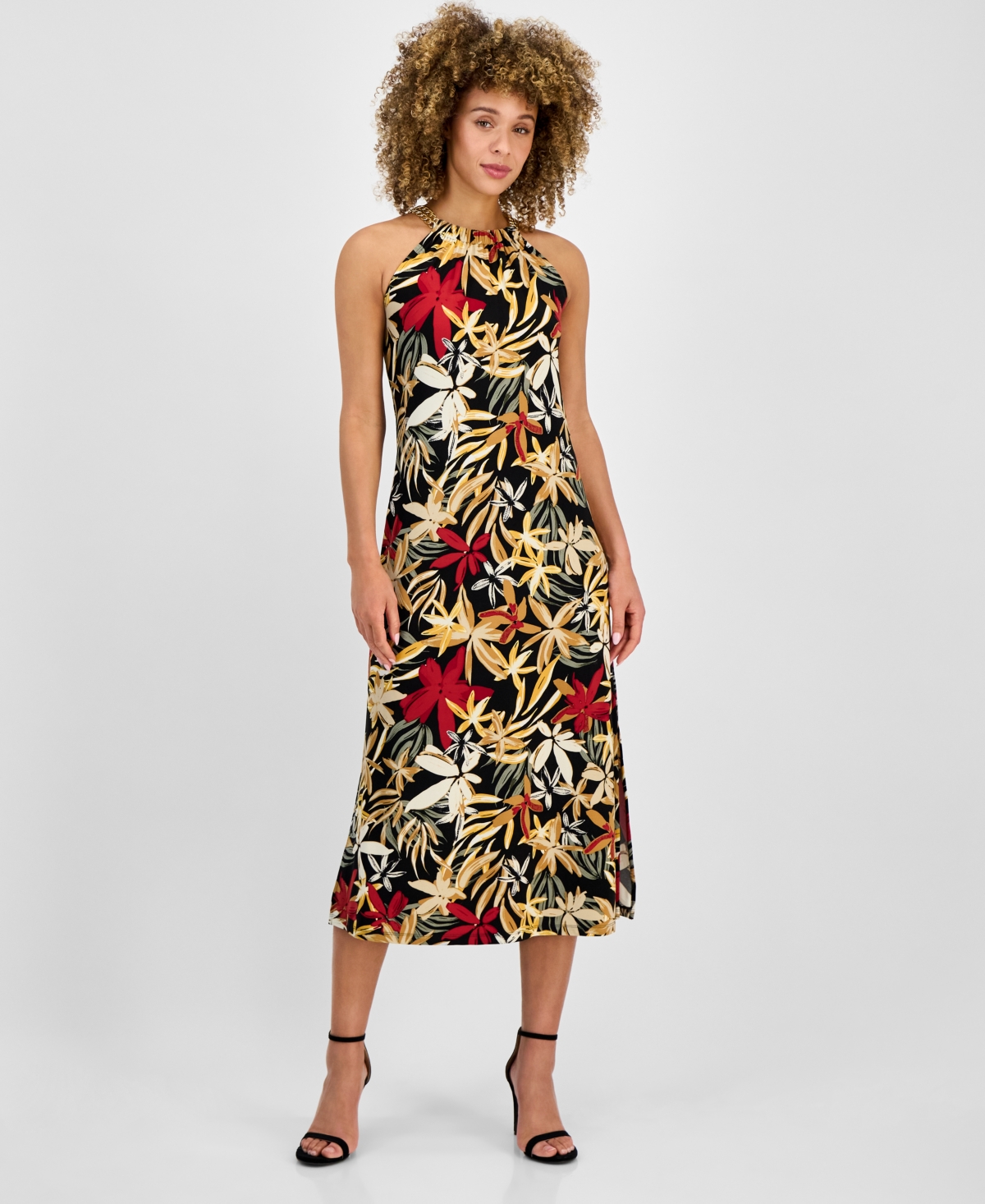Women's Printed Sleeveless Halter Midi Dress - Anne Black Multi