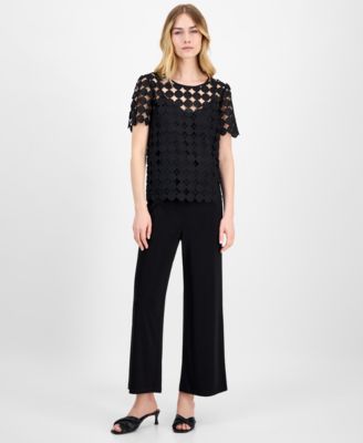 Women's Round-Neck Short-Sleeve Woven Lace Blouse